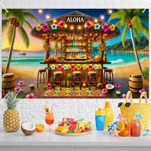 Image of BlissYard Aloha Tiki Bar Banner 71 x 43 Inch Hawaiian Luau Backdrop Tropical Beach Summer Party Decorations Hibiscus Palm Tree Photo Booth Background Indoor Outdoor Wall Decor