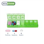 Ezy Dose Weekly (7-Day) Pill Organizer, Small Medicine Planner, Green | Daily Vitamin Box & Supplement Case, Locking Compartments to Secure Prescription Medication, Travel-Friendly, BPA-Free