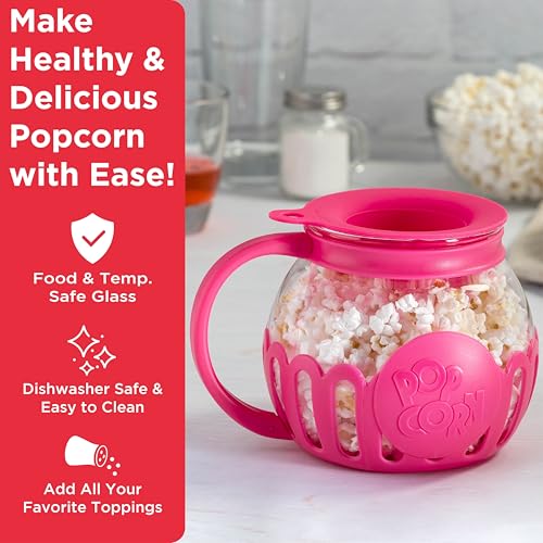 Ecolution Patented Micro-Pop Microwave Popcorn Popper with Temperature Safe Glass, 3-in-1 Lid Measures Kernels and Melts Butter, Made Without BPA, Dishwasher Safe, 1.5-Quart, Pink