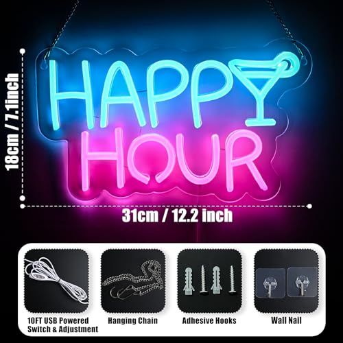 Image of Happy Hour Neon Sign, Art Letter Shape Led Neon Light for Wall Decoration Blue and Pink USB Outdoor Dimmable Ambient Neon Light Signs for Birthday Party, Family Gatherings, Bar Celebration