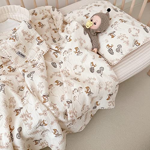 47X59 6-Layers Super Soft 100% Muslin Cotton Nursery Swaddling Bed Blanket For Baby Girls Boys Unisex Kids Breathable Cute Adorable Natural White Color Cartoon Brown Squirrel Mushroom Floral #TOP4