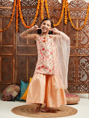 Image of Pspeaches Girls Floral Printed Regular Kurta With Sharara & With Dupatta
