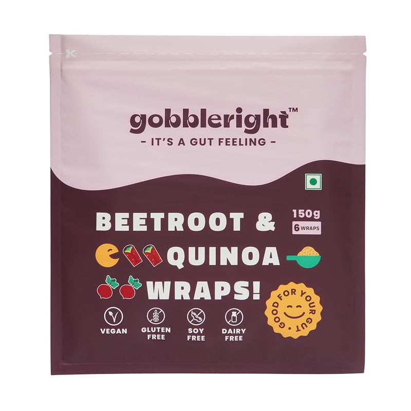 Image of GOBBLERIGHT Beetroot & Quinoa Wraps 150g (6 Wraps - Pack of 1) | 67 Kcal Per Wrap | Healthy Frozen Multigrain Tortilla for Burrito, Shawarma, Tacos | Low-Calorie & High-Protein | Gluten Free & Vegan