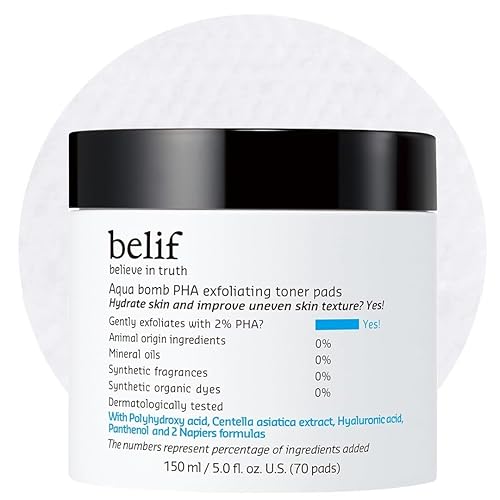 belif PHA - Almohadillas de tóner 2% – Esmalte facial exfoliante suave para el cuidado de los poros, hidratante y calmante con pantenol y cica,