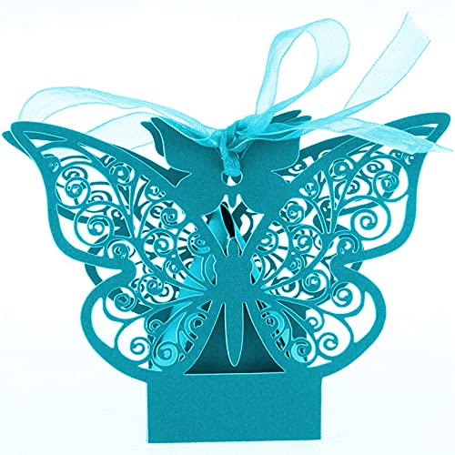 Lot de 50 boîtes à dragées découpées au laser en forme de papillon, pour bricolage, mariage, anniversaire, cadeau, bonbons, avec rubans (bleu ciel)