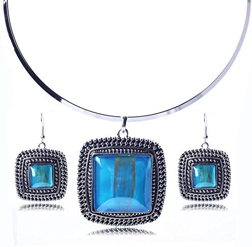 ATHING_Jewelry Hot Square opal Pendant nal Wind Collar Earrings 2 Piece Suits