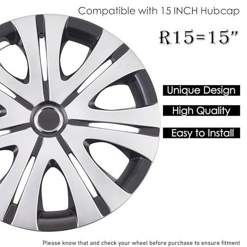Image of Smoke Matte Silver with Black Car Vehicle Chrome Wheel Rim Skin Cover 15 inch Automotive Hubcap Wheel Cover Replacement Hubcaps Rim Protection Accessories Set of 4, 15 inch