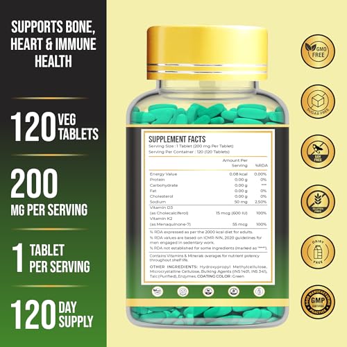Image of Vegan Vitamin D3 K2 MK-7 Tablets - Lichen D3 & Natto K2 | Supports Bone Strength, Calcium Direction & Immunity | 100% RDA . Plant-Based | 120 Veg Tablets (120 Days)