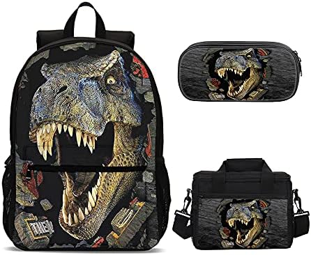 AMYATLIY 3Pcs Dinosaur Backpack with Lunch Box Shcool bag Bookbag for Kids Boys Fans Gifts (Color 1) Medium