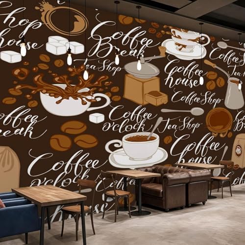 Papel pintado fotográfico con diseño de taza de café y granos de café, color marrón y blanco, no tejido, para sala de estar, dormitorio, cafetería o cocina. Decoración de pared. 250 cm x 175 cm.