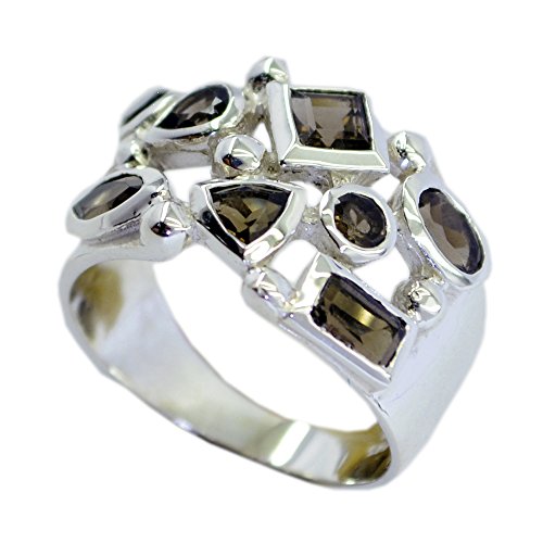 Bague en quartz fumé véritable et argent 925 massif aux éclats de taille mixte