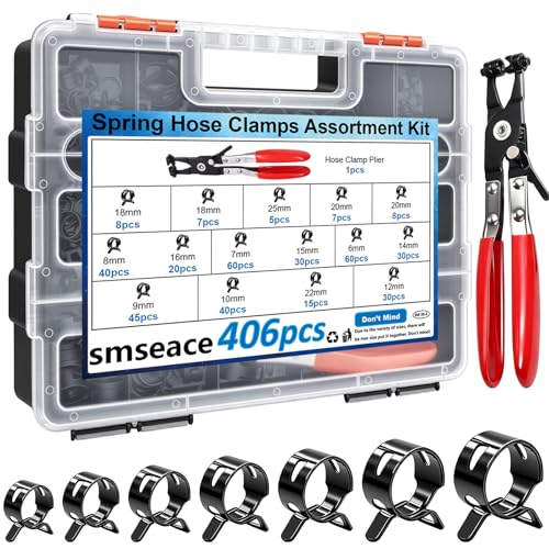 Image of smseace 406Pcs 6-25mm Spring Band Hose Clamps With Plier 13-sizes Constant Tension Hose Clamp used for Fuel Line,Vacuum Hose,Air Hose