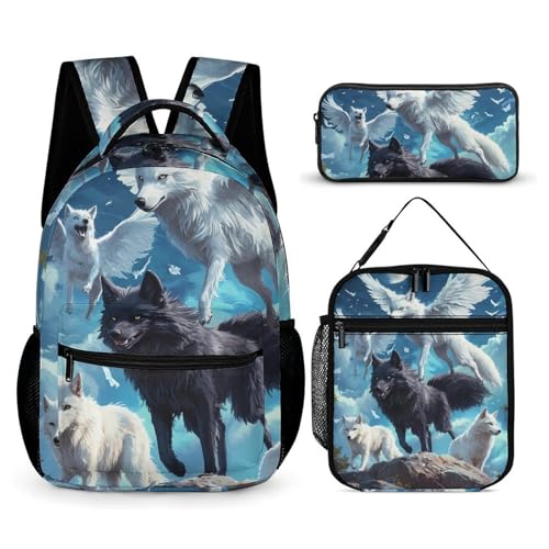 Wolf with Wings Under Moon Funny Backpack Sets Lightweight 3Pcs Daypack Set with Lunch Box And Pencil Case for Women Men
