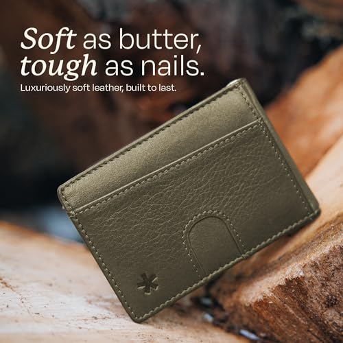 Image of Swear Brands Full Grain Leather Wallet with RFID Blocking & Money Clip - Minimalist Bifold Wallet Holds 12 Cards - Easy Access Pull Tab - Ethically Sourced (Green)