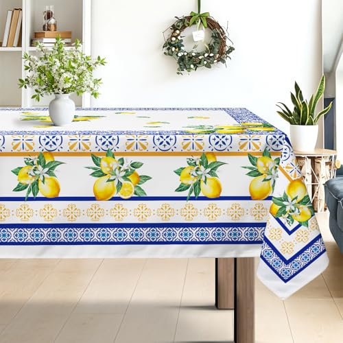 hometrixx Verano Mantel Rectangular Antimanchas Azulejos mediterráneos Limones Manteles Lavable Poliéster Impermeable Cubre Mesas Hule para Comedor Cocina Cumpleaños Festivosr, 152x264 cm Azul