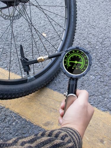 Image of Bike Tire Inflator with 230 PSI Dual-Scale Glow Analog Pressure Gauge, Universal Presta & Schrader Locking Air Chuck for Air Compressor, 360 Swivel Hose, Brass Chuck, Inflation Kit with Storage Case