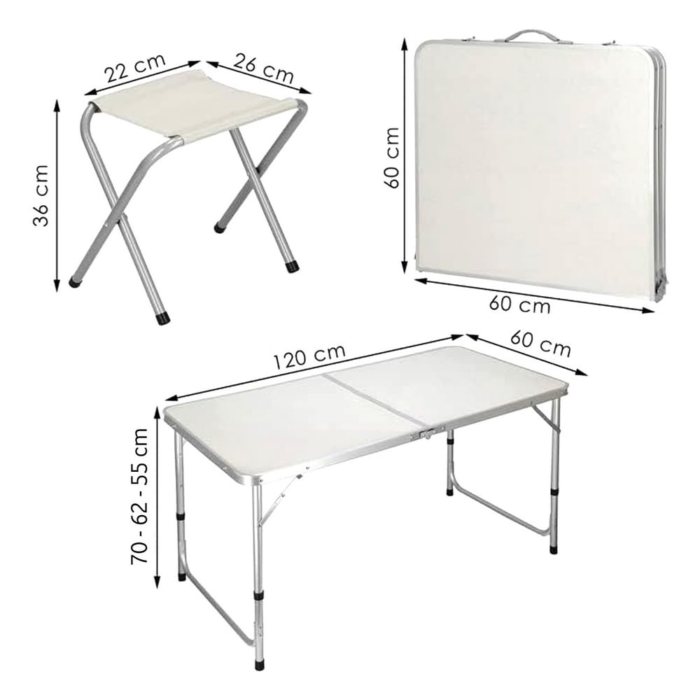 LOLAhome Mesa Plegable de Camping Con 4 Taburetes y Asa - Maletín Para Playa, Picnic - Aluminio y Loneta Gris - Regulable en 3 Niveles de Altura - 60x120x70 cm