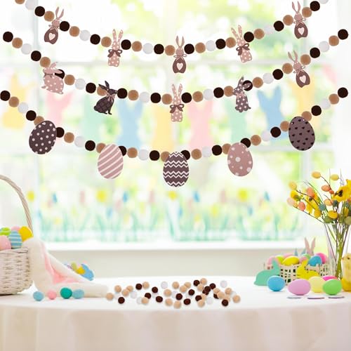 Image of 3 Pcs Easter Day Brown Bunny Felt Banner Colorful Bunny Felt Banner Pom Pom Egg Ball Garland Easter Day Rabbits Pompom Hanging Garland for Home Party Favors