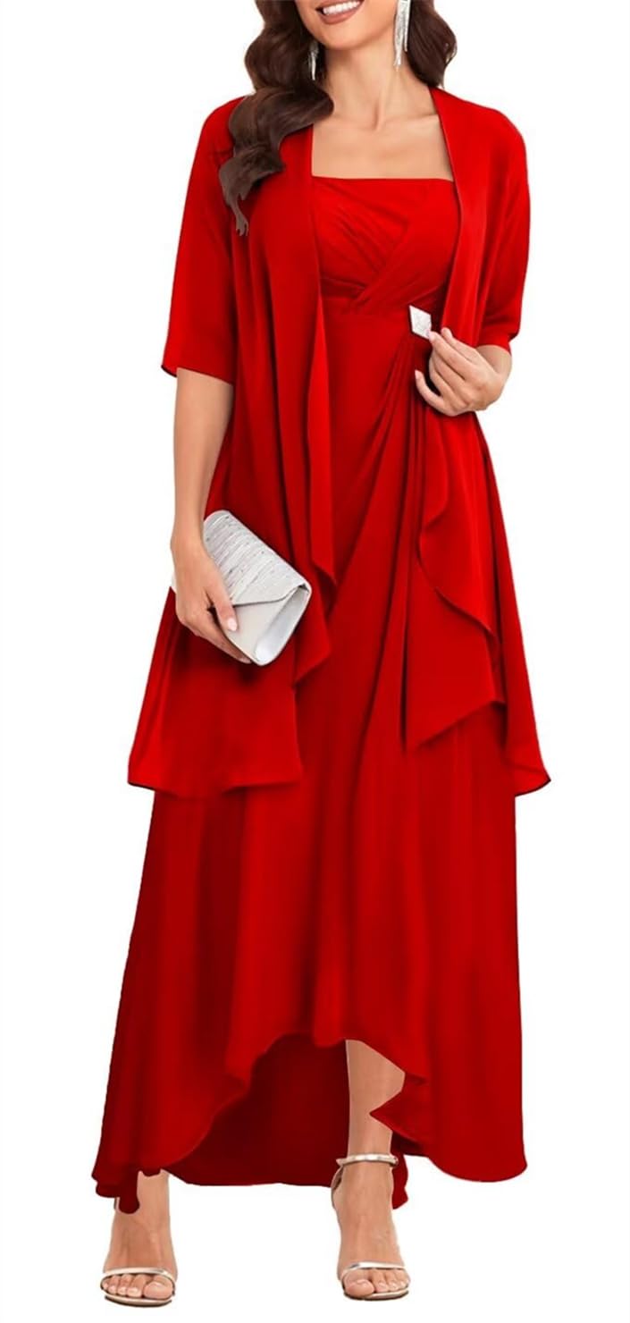 Yiann Women's Red Mother Of The Groom Dresses For Wedding 1/2 Sleeve Chiffon Evening Party Gown Uk12