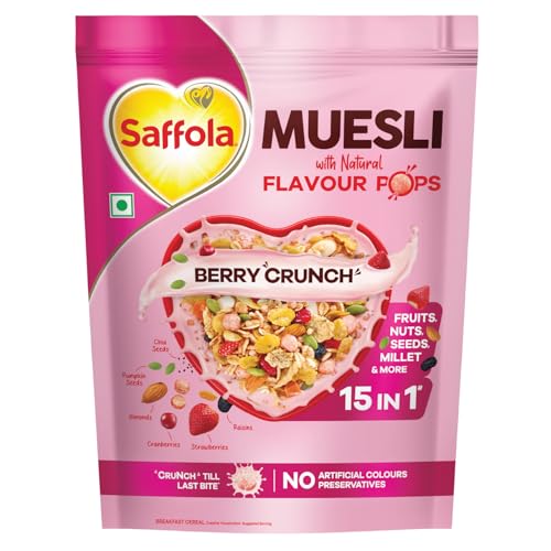 Image of Saffola Muesli Berry Crunch with Flavour Pops, 450 gm | 15 in 1 Fruit and Nuts, Seeds, Millet & more | Cereals for breakfast rich with wholegrain, protein, fibre