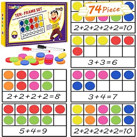 Magnetic Ten-Frame Set - Math Manipulatives Games for Elementary Kindergarten, 6 Ten Frames & 66 Magnetic Math Counters Toys for Boy & Girls, Fun Children's Gift STEM Learning Educational Number Toy Cover