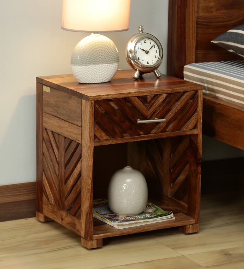 Image of DEMIWALL Wooden Bedside Table for Bedroom | Solid Wood Bed Side Nightstand Table with Drawer & Shelf Storage for Home & Office | Sheesham Wood, Rustic Teak Finish