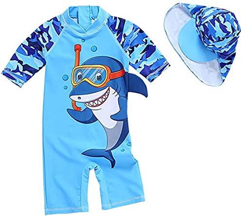 Toddler Baby Boys Swimsuit One Piece Bathing Suit Rash Guard Swimwear UPF 50+ with Hat (Shark, 9-18 Months)