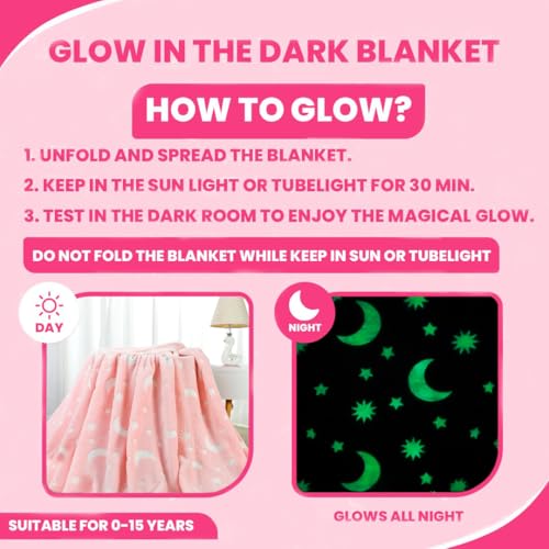 Image of TONY STARK ULTRAAGLOW Glow in The Dark Blanket for Kids (0-15 Years, 200x152 Cm) Soft Flannel Fleece Throw, Cozy & Warm All-Season Radium Blanket for Boys & Girls (Pink Moon & Stars)
