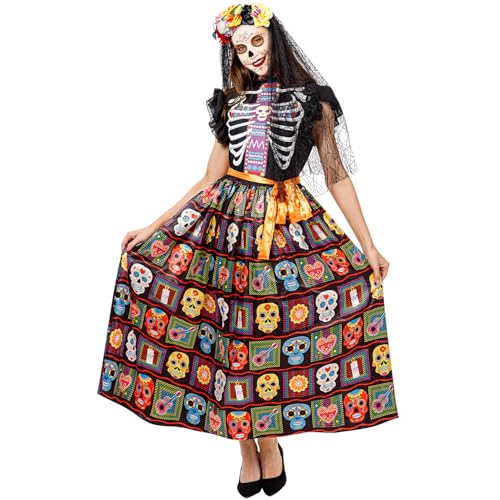 Funnlot Dia de los Muertos Kostüm Damen,Tag der Toten Kostüm Damen Halloween Kostüm Skelett Kleid mit Halloween Gesicht Tattoos XL