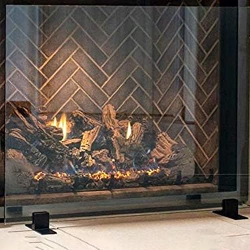 Image of AMS Fireplace | Manhattan Modern Freestanding Frameless Clear Glass Fireplace Screen with Powder Coated Metal Black Feet Base (Feet Color Black, Small Size: 36 inch W X 26 inch H)