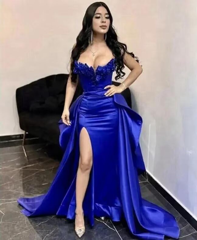 Strapless Satin Prom Dresses with Detachable Train Slit Formal Evening Party Gowns for Women4