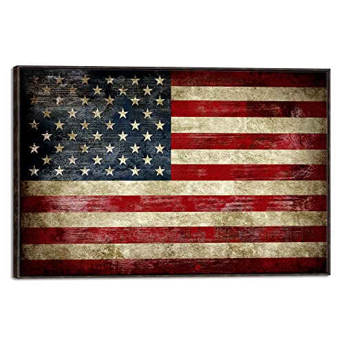 Image of Pyradecor Walnut Framed Wall Art Extra Large Old Vintage American Flag Canvas Prints Abstract Pictures Paintings for Living Room Office Home Decorations