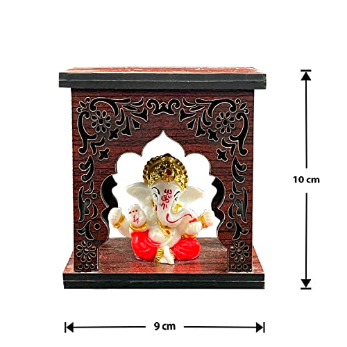 Image of Expleasia, Exuberant & Luxury Decor Mukut Ganesha Idol with Wooden Temple for Home mandir| Temple| car Dashboard| Gift Items | Festival Item| showpiece| Temple Decor