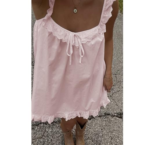 Image of Women Y2K Babydoll Mini Dress Cute Bow Lace Trim Pleated Ruffle Short Sundress Casual Party Vacation One Pieces