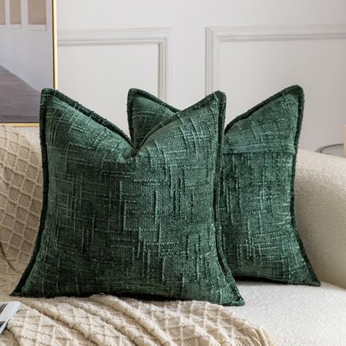 Image of MADIZZ Pack of 2 Chenille Throw Pillow Covers 16x16 Inch Green Soft Neutral Decorative Throw Pillows for Couch Sofa Boho Accent Cushion Covers Modern Farmhouse Home Decor for Bedroom Living Room