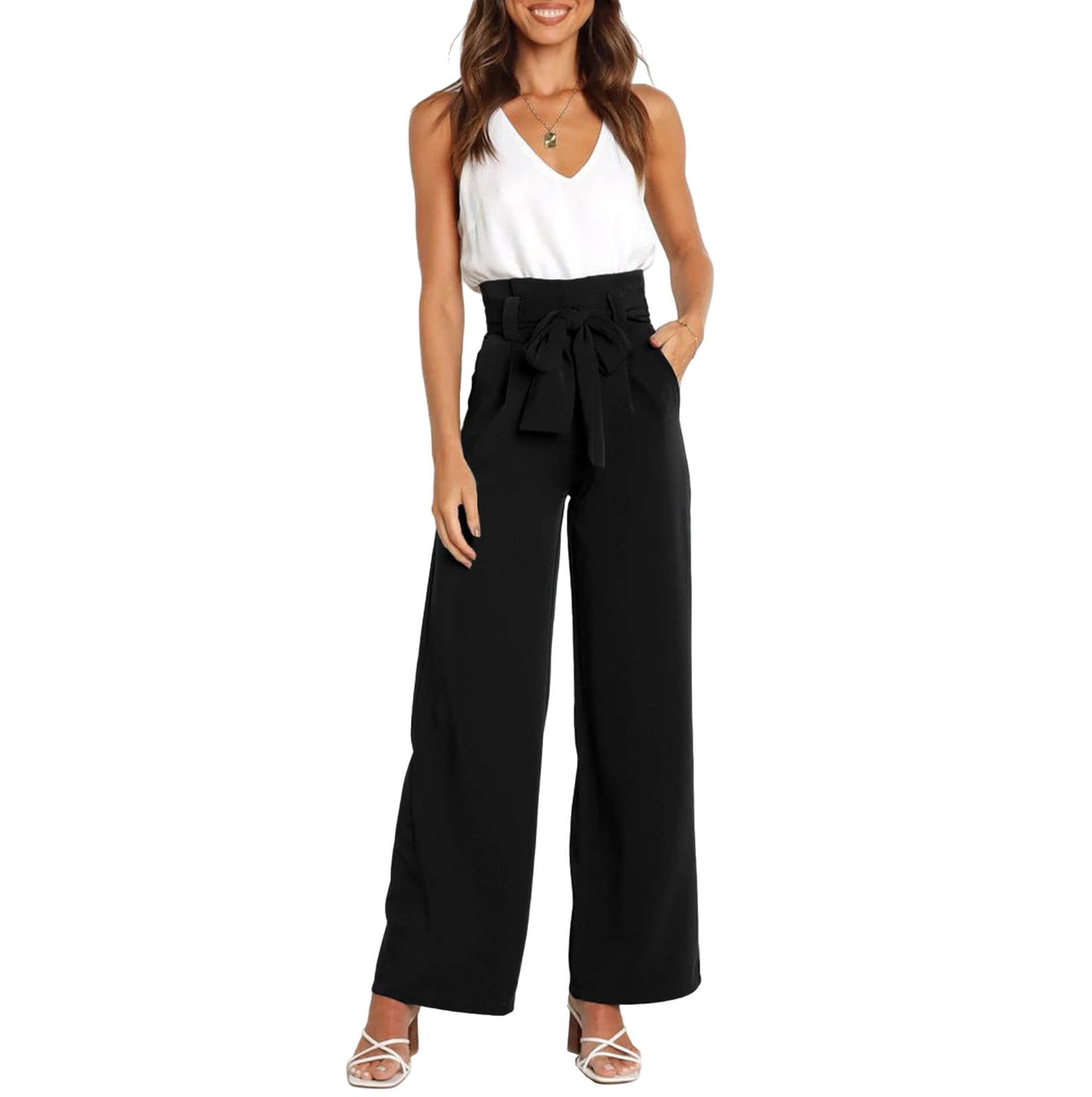 CROSTRITON Womens Stretchy High Waisted Wide Leg Pants Business Loose Straight Leg Flatting Pants with Belt