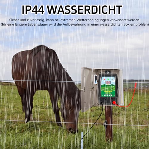 Warmfay Weidezaungerät 12V mit LED Anzeige, Elektrischer Schäferhund 2J Output für 10 km Reichweite, Wasserdicht Elektrozaungerät für Schutz von Nutztieren, Haustieren, Geflügel, Hausweide, Gärten