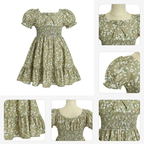 Girl Floral Puffy Sleeve Smocked Waist Dress Square Neck A-Line Midi Sundress Kid Ruffle Summer Twirl Swing Beachwear3