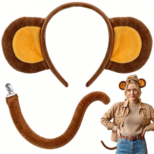 Pirekul Monkey Costume Accessory Set - Monkey Ears Headband and Tail for Adult Women Halloween Animal Cosplay Party Supplies