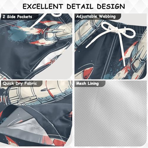 Boys Beach Board Shorts Rocket Blue Space Graffiti Swim Trunk Teen Swimwear3