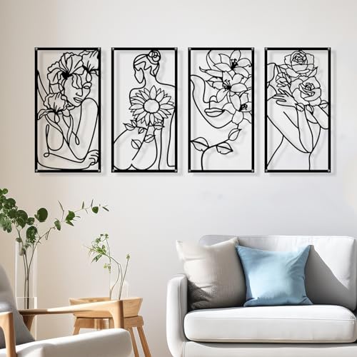 Zzbakress 4 Pcs Metal Minimalist Abstract Woman and Flower Wall Art Single Line Drawing Art Decor Minimalist Home Hanging Wall Decor for Bedroom Bathroom Living Room (style1, Black)