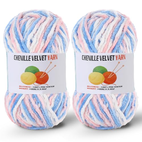 Image of 2 * 100g /3.5oz Fluffy Chenille Yarn for Crocheting, Chunky Velvet Yarn for Crochet Amigurumi, Used for Making Baby Yarns Blanket, Clothes, Pattern Knitting Creations (Colorful-E)