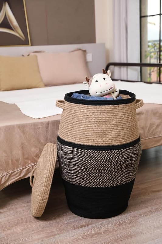 Image of Storage Cotton Rope Basket and Laundry Hamper for Dirty Clothes, Towels, Blankets, Pillows Storage in Living Room, Laundry Room and Bedroom (Beige Black With Lid, 14x16 Inch)