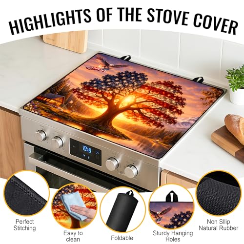 Image of Stove Top Covers for Electric Stove, Glass Stove Top Cover 28.5x20.5 in | Heat Resistant, Non-slip, Use on Electric or Ceramic Stove Protector, Dish Drying Mat, Tree of Life Kitchen Decor