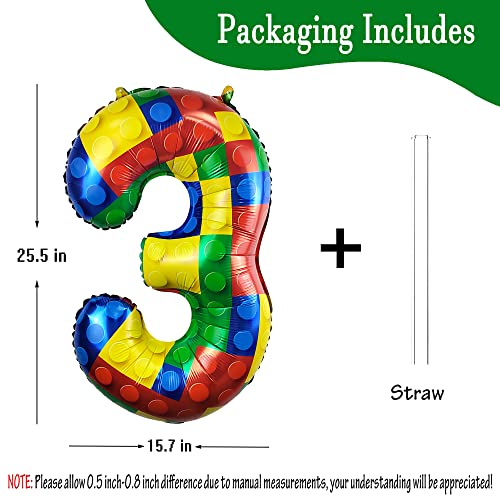 Image of 32 Inch Building Block Number 3 Balloons 3 year old Large Big Helium Foil Mylar Balloon for Girls Boys 3rd Birthday Party Decoration Supplies