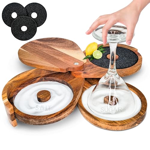 Margarita Salt Rimmer Set for Cocktails | 3 Tier Acacia Wood Glass Rimmer for Salt/Sugar/Lime Seasoning for Bloody Mary, Tequila | Drink Accessories for Bar (With Sponges)