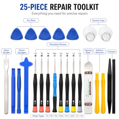 Image of 25 Pcs Mobile Repair Tool Kit, Precision Screwdriver Pry Opening Set with Suction Cups, Tweezers & Spudger for iPhone, Android Phone, Laptop, Tablet & Electronics DIY Repair