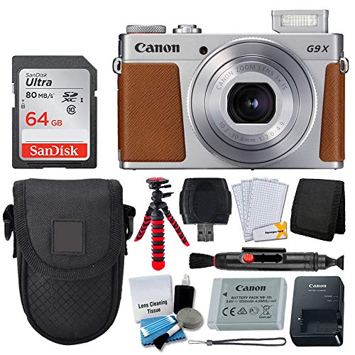 Canon PowerShot G9 X Mark II Digital Camera (Silver) + SanDisk 64GB Memory Card + Point & Shoot Case + Flexible Tripod + USB Card Reader + Cleaning Kit + LCD Screen Protectors - Full Accessory Bundle