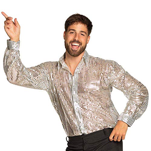 Boland 02190-Camiseta plateadas, camisa para hombre, camiseta de discoteca, carnaval, noche de ayuno, Halloween, fiesta temática de los años 70, lentejuelas, color plata, M (02190)