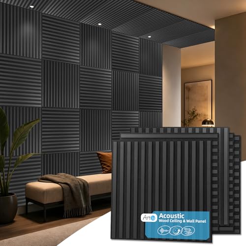 Image of Art3d 12-Pack Acoustic Wood Slat Panel & Ceiling Tile, 2 x 2 ft, Blackwood